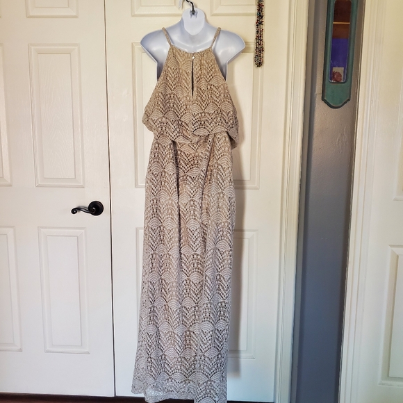 Sharagano Lace Maxi Dress Halter Sleeveless Beachy Summer Bohemian in Bone Sz 14 - Picture 7 of 13